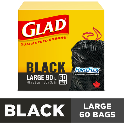Glad Black Garbage Bags - Large 90 Litres - ForceFlex, Drawstring